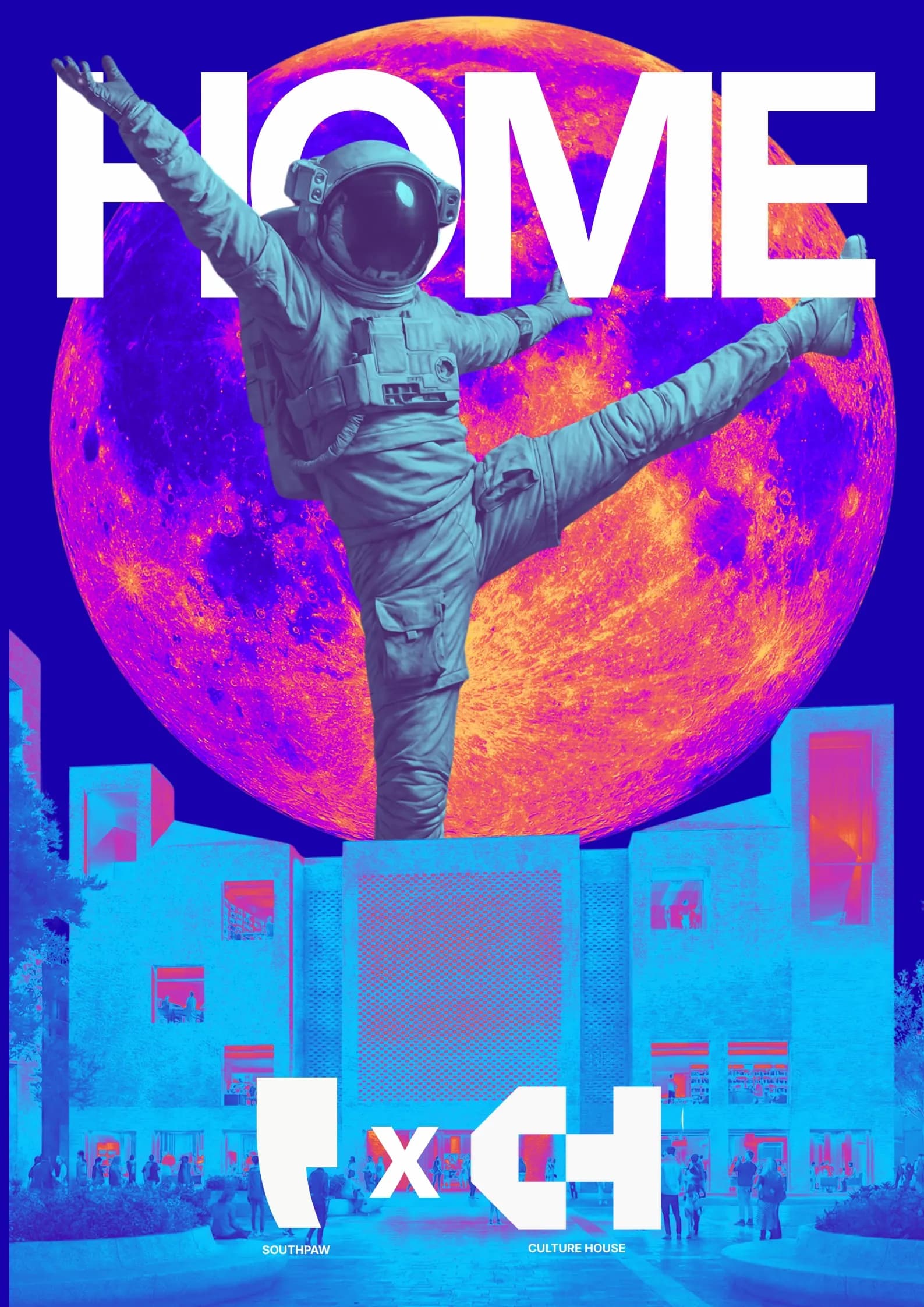 A magazine cover featuring an astronaut in a dynamic pose against a vibrant, thermal-imaging style moon, with a modern building and the word "HOME" in large letters.