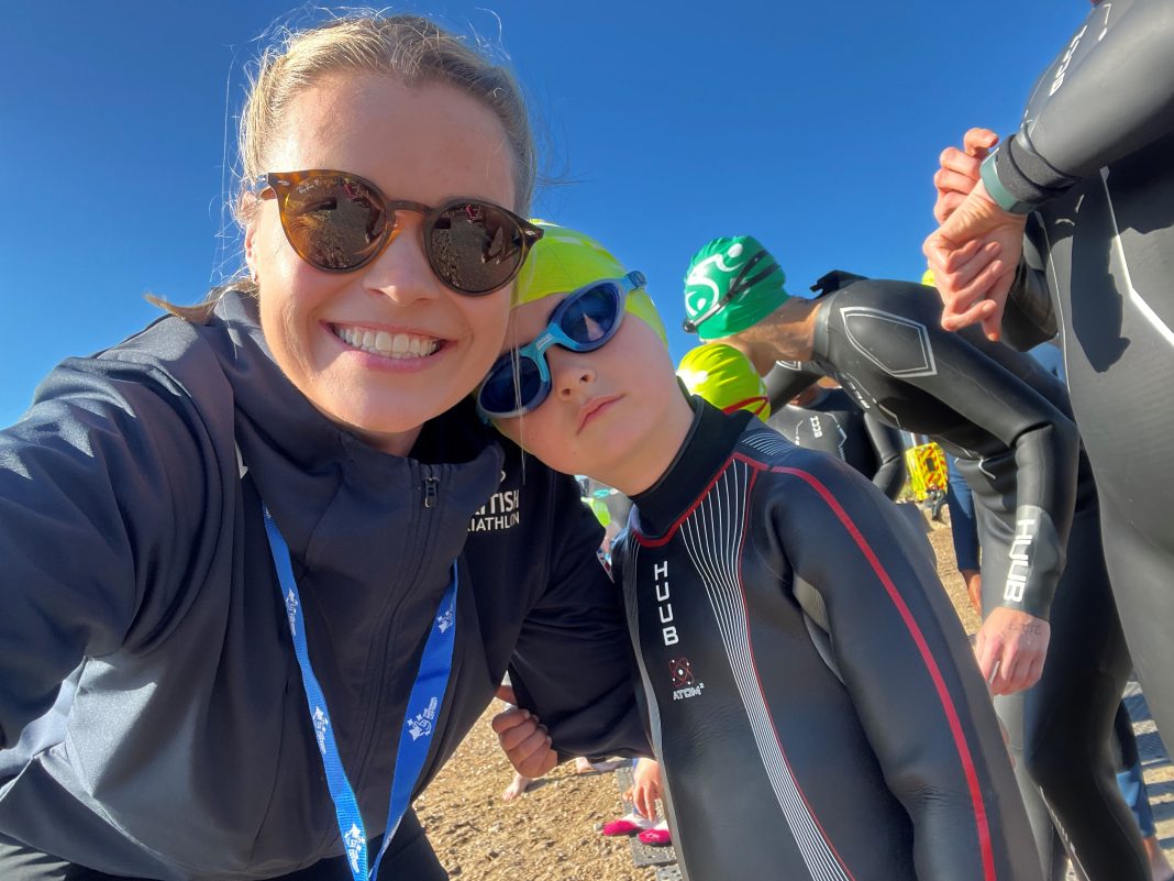 Sam Morgan-Nicholson and six-year-old son Jude at last year's family race at the British Triathlon Super Series Grand Final in Roker